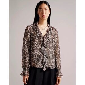 TED BAKER Bertei V Neck Ruffle Blouse Top Brown Abstract Size 6 US 14